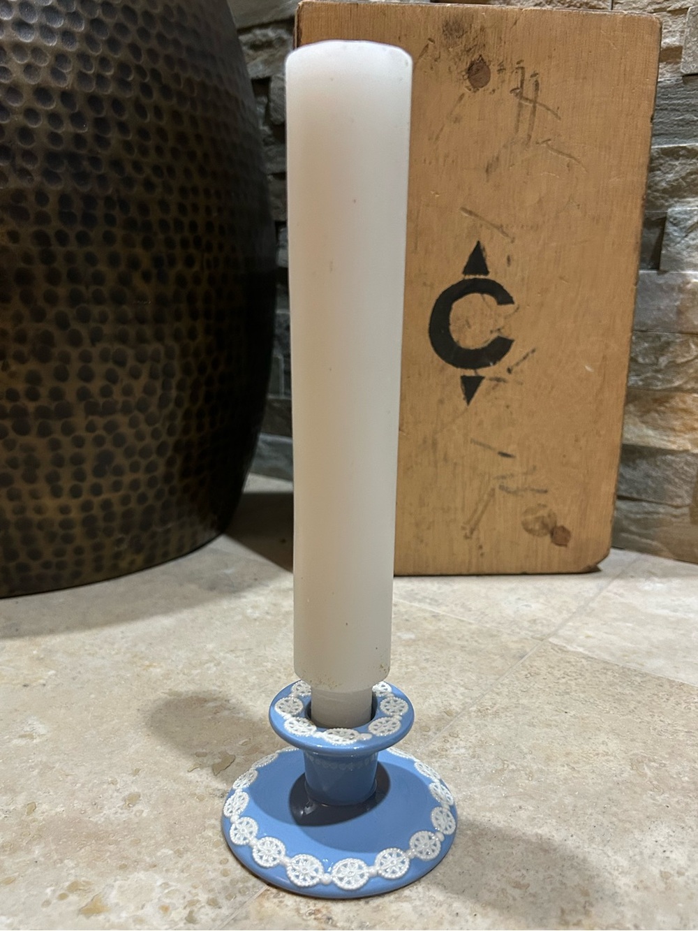 vintage Wedgwood Jasperware blue and white small candlestick holder w/ Lace